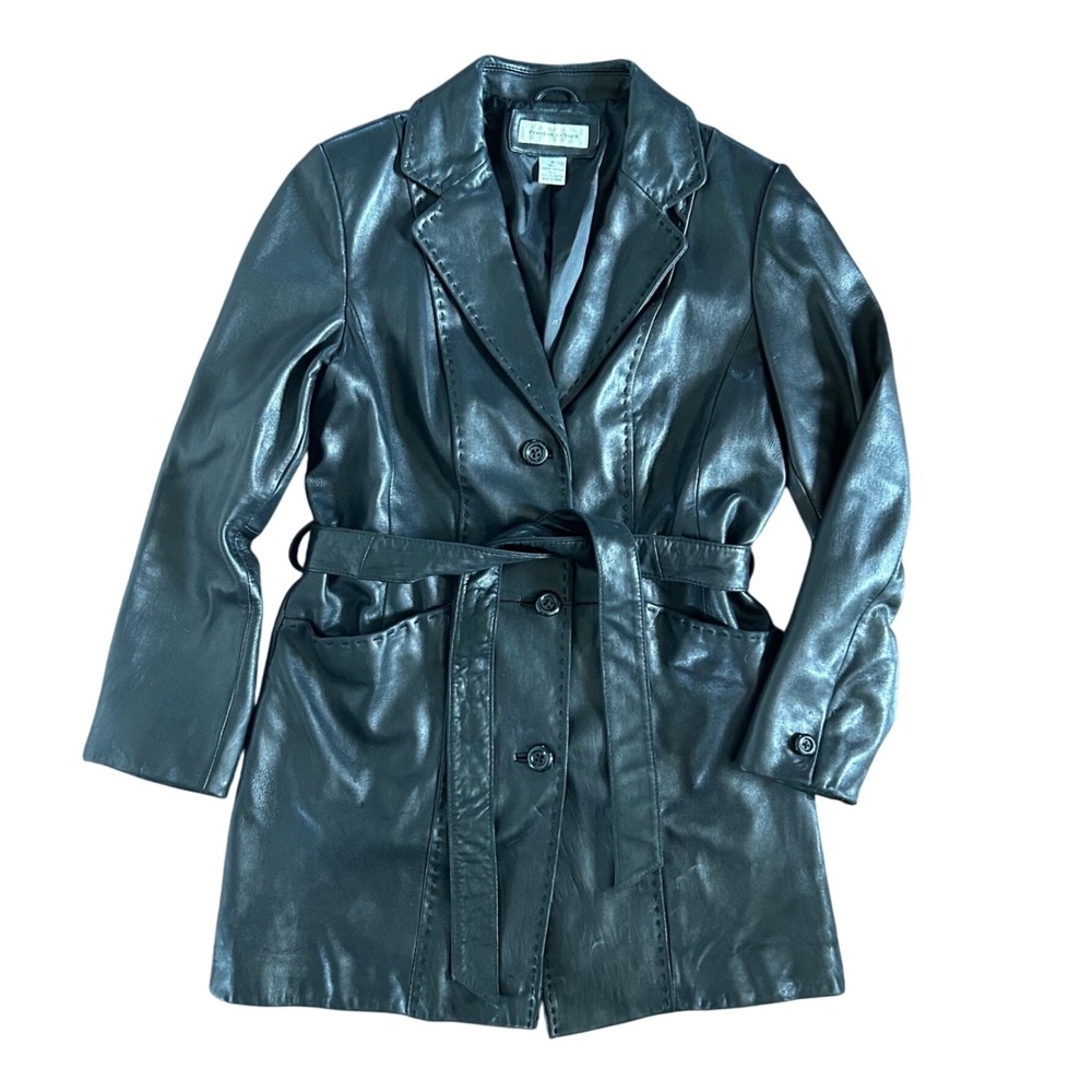 Vintage Preston & York Black Soft Leather Long Trench‎ Jacket Women's Medium